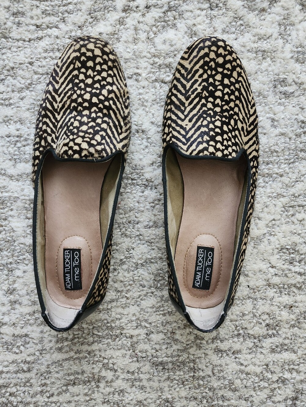 Adam Tucker Leopard-Pattern Slip-On Flats in Black and Cream New